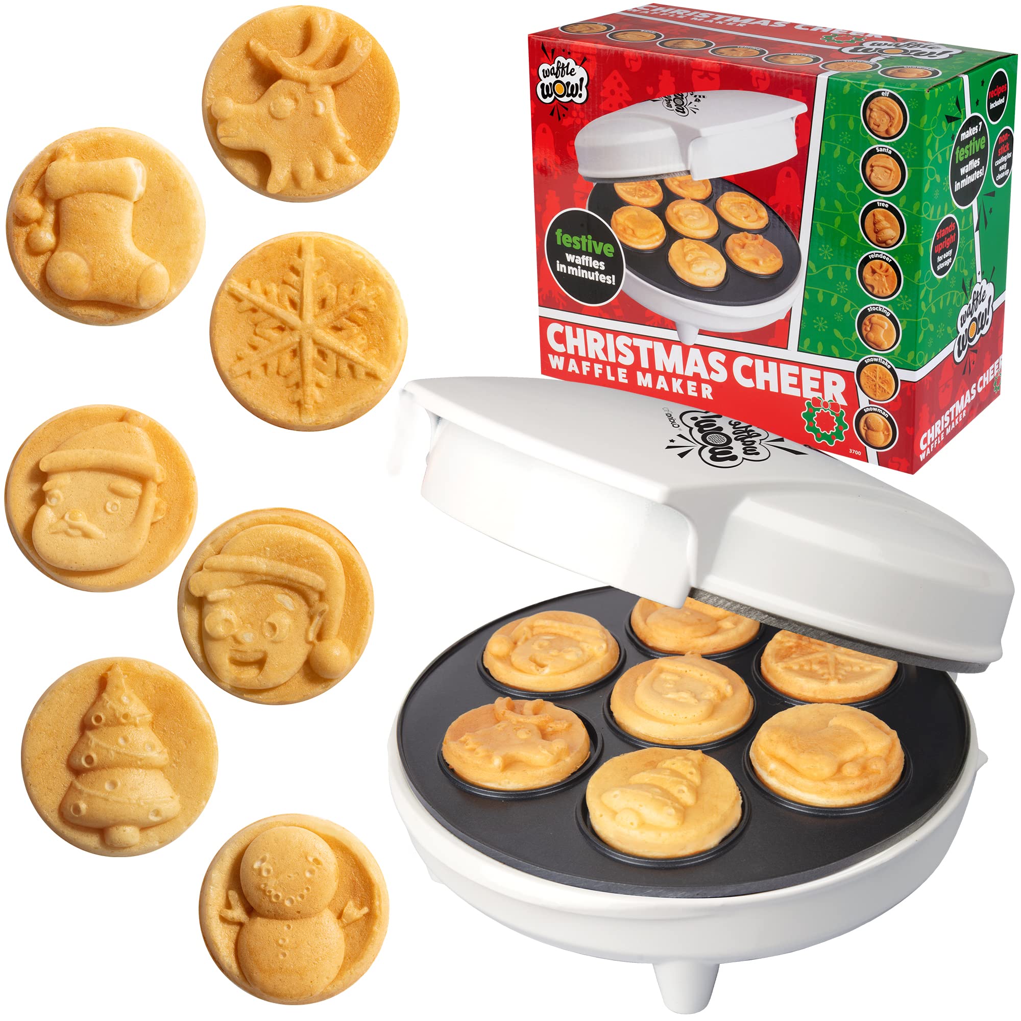 Christmas Cheer Holiday Waffle Maker- Make X-Mas Winter Breakfast Special w/Cute Pancakes or Waffles for Kids, Adults - Electric Nonstick Waffler Iron, Features a Snowman, Santa & More, Fun Gift