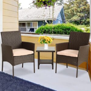 PIKAQTOP 3 Piece Small Patio Furniture Set, PE Rattan Wicker Space Saving Conversation Set with Cushions & Glass Coffee Table, Outdoor Furniture Sets for Deck Front Porch Lawn Garden Balcony Backyard