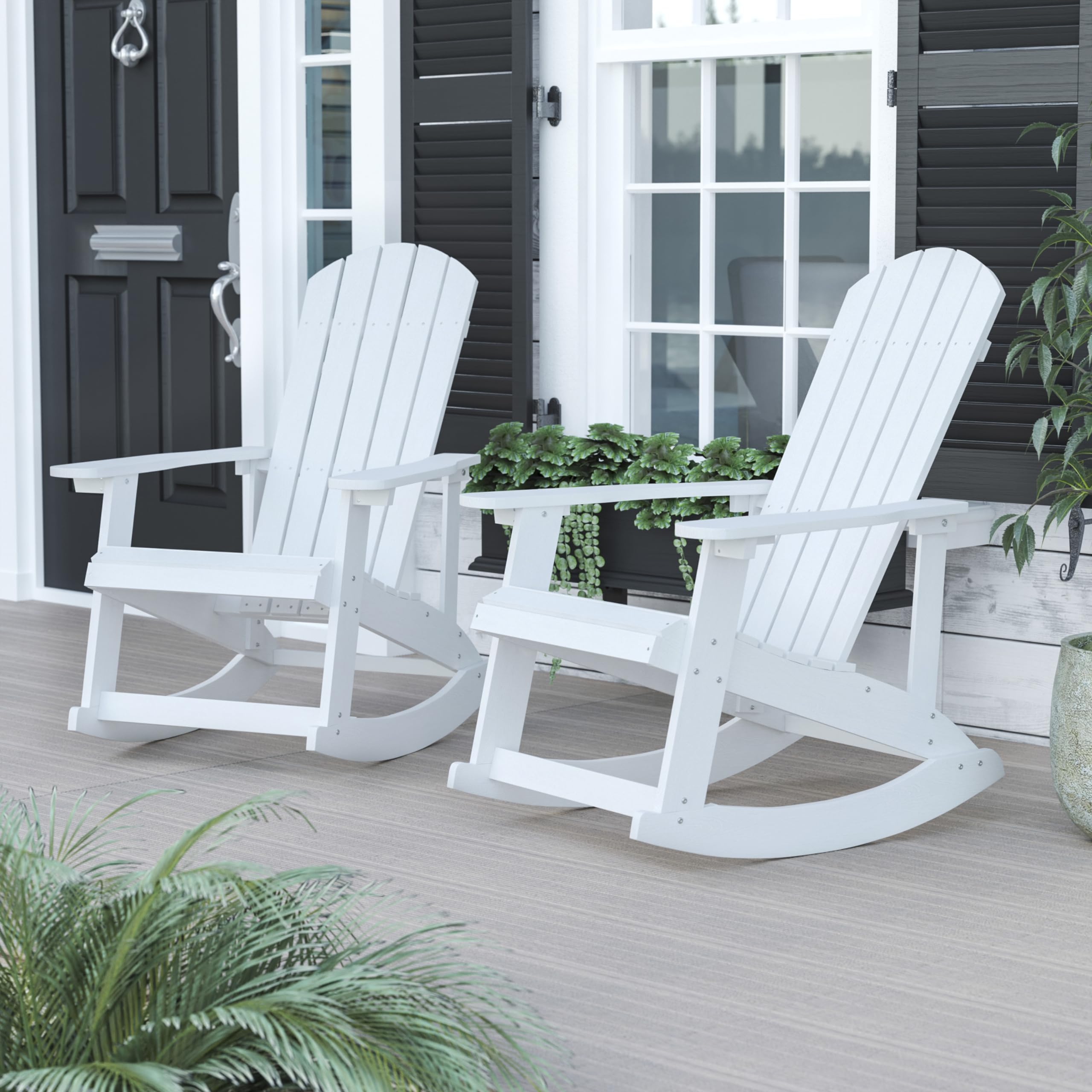 BizChair Poly Resin Wood Adirondack Rocking Chair - All Weather White Polystyrene - Stainless Steel Hardware - Set of 2