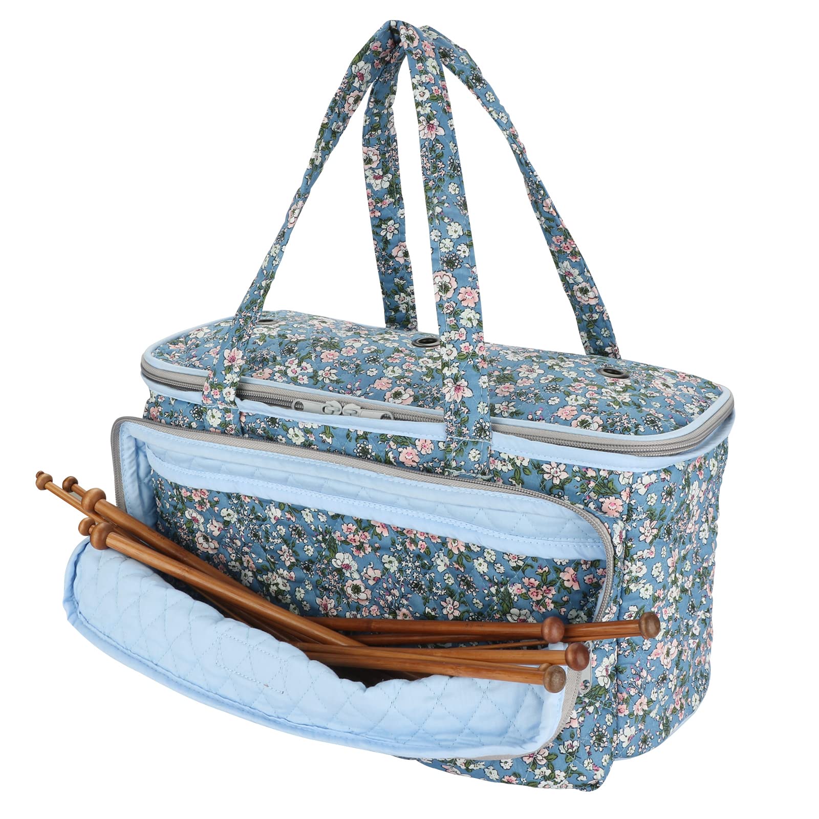 Hanfetch Yarn Bag-Large Size-Yarn Storage Organizer with Grommets-Portable Crochet Bag for Yarn Skeins-Crochet Hooks-Knitting Needles -Other Accessories (Flower-Blue)