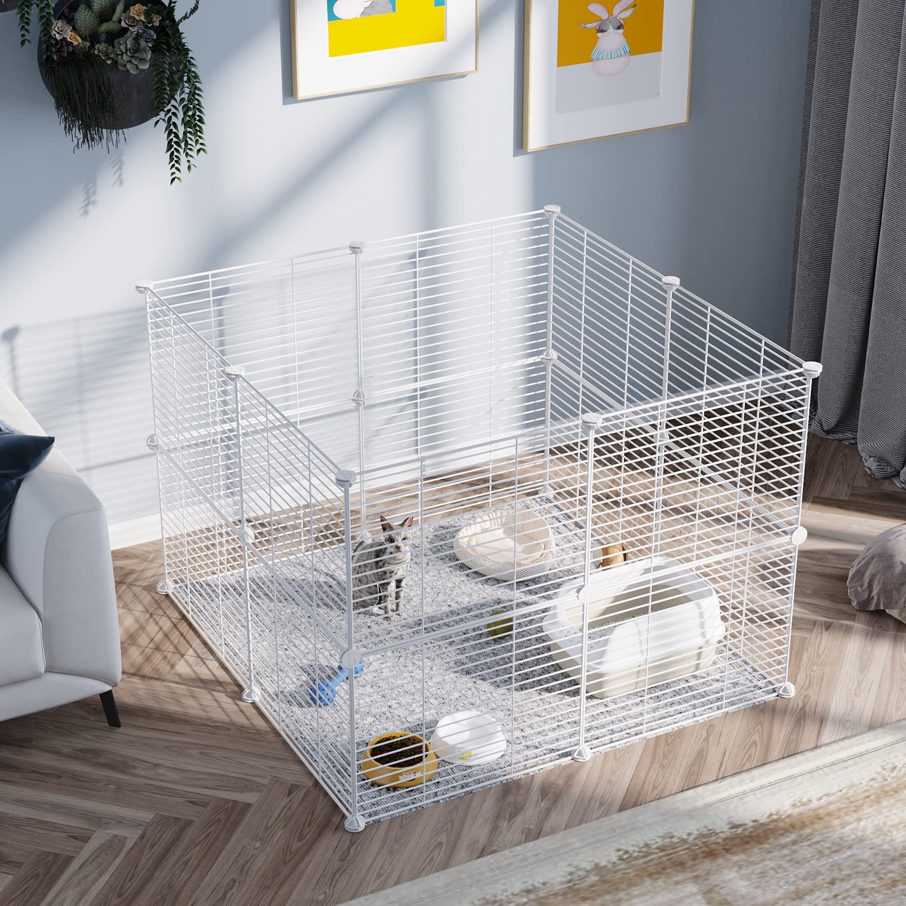 C&AHOME Pet Playpen, Small Animals Supplies, 16 Panels Exercise Playpens Cage, C Grids Portable Yard Fence Indoor, Ideal for Guinea Pigs, Pet Products, DIY Metal Yard Fence, 12" × 15" White UPPM3416W