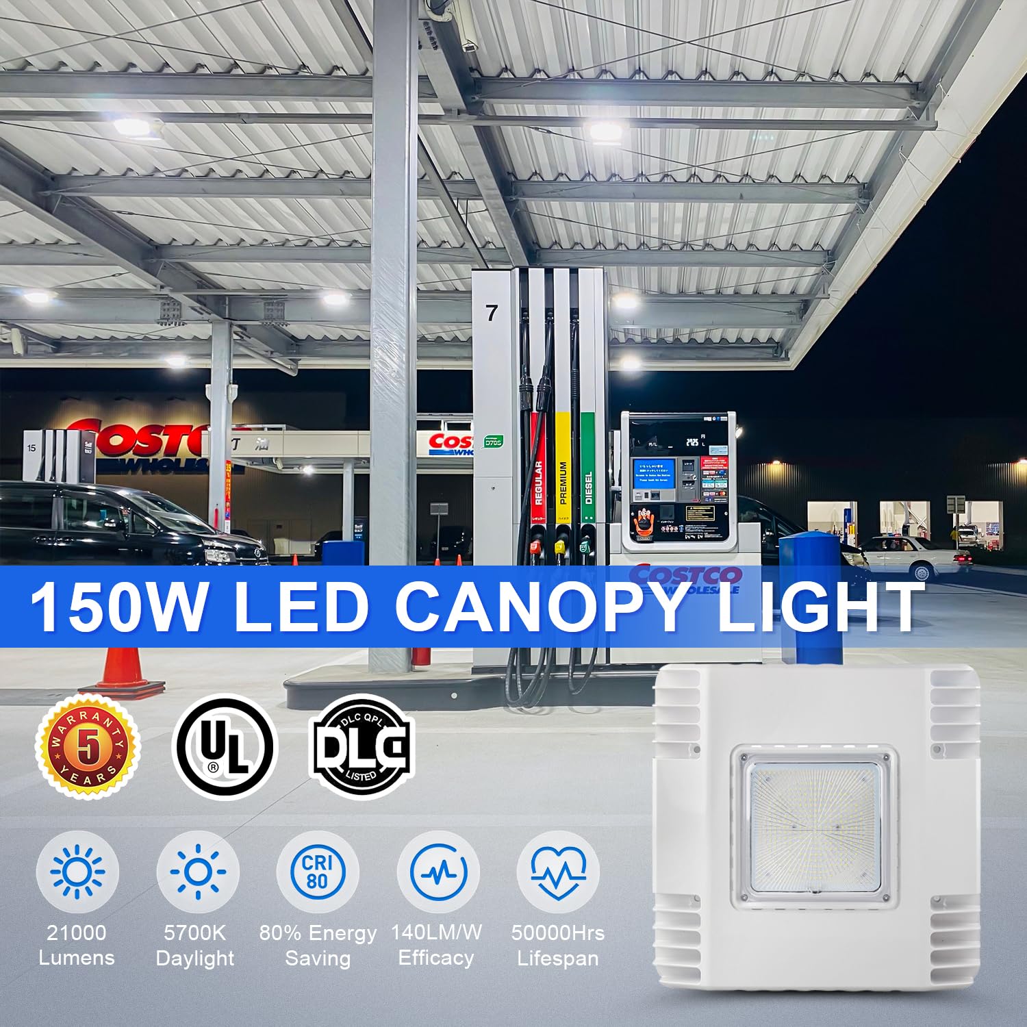 150W LED Gas Station Canopy Light, 21000LM 5700K Super Bright LED Garage Canopy Light (600W HID/HPS Equivalent) Outdoor Carport Ceiling Lighting, IP65 Waterproof 100-277V DLC & UL Listed (1-Pack)