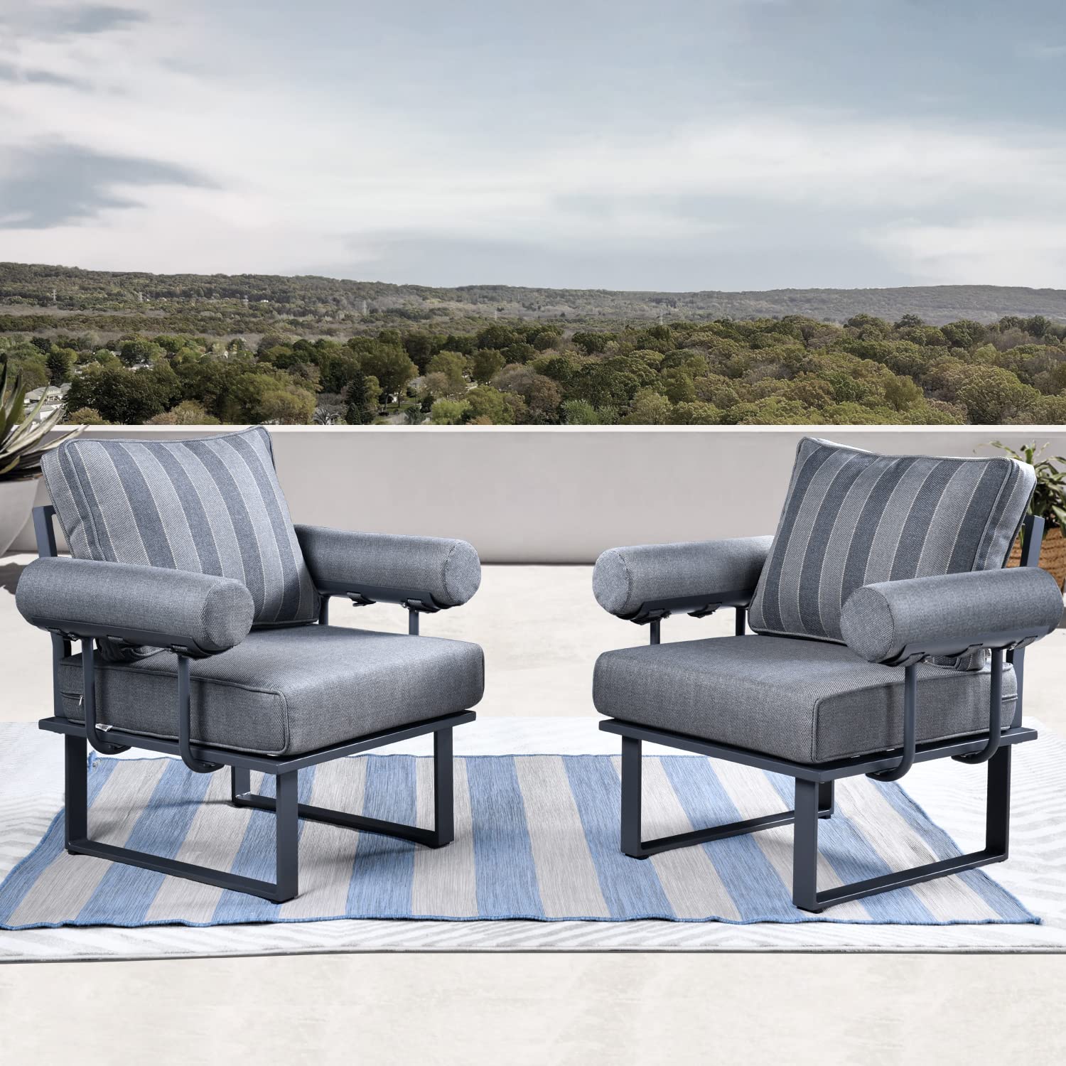 HOOOWOOO Aluminium Outdoor Chairs Set of 2 Patio Club Chairs Armchairs Bistro Set Chairs with Armrest Cushions,Grey Frame Grey Stripes Thick Cushions