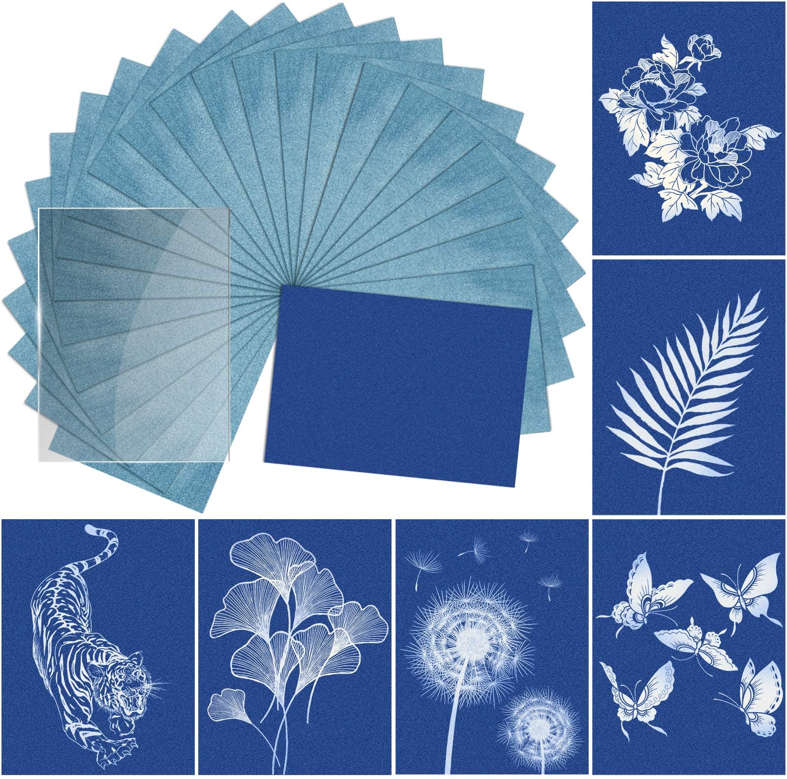 Sun Print Paper Kit Cyanotype Paper, 24 Sheets Cyanotype Papers with 1 Sheet Acrylic Panel, High Sensitive Nature Sun/Solar Activated Sun Printing Art Paper for Arts Crafts DIY Project