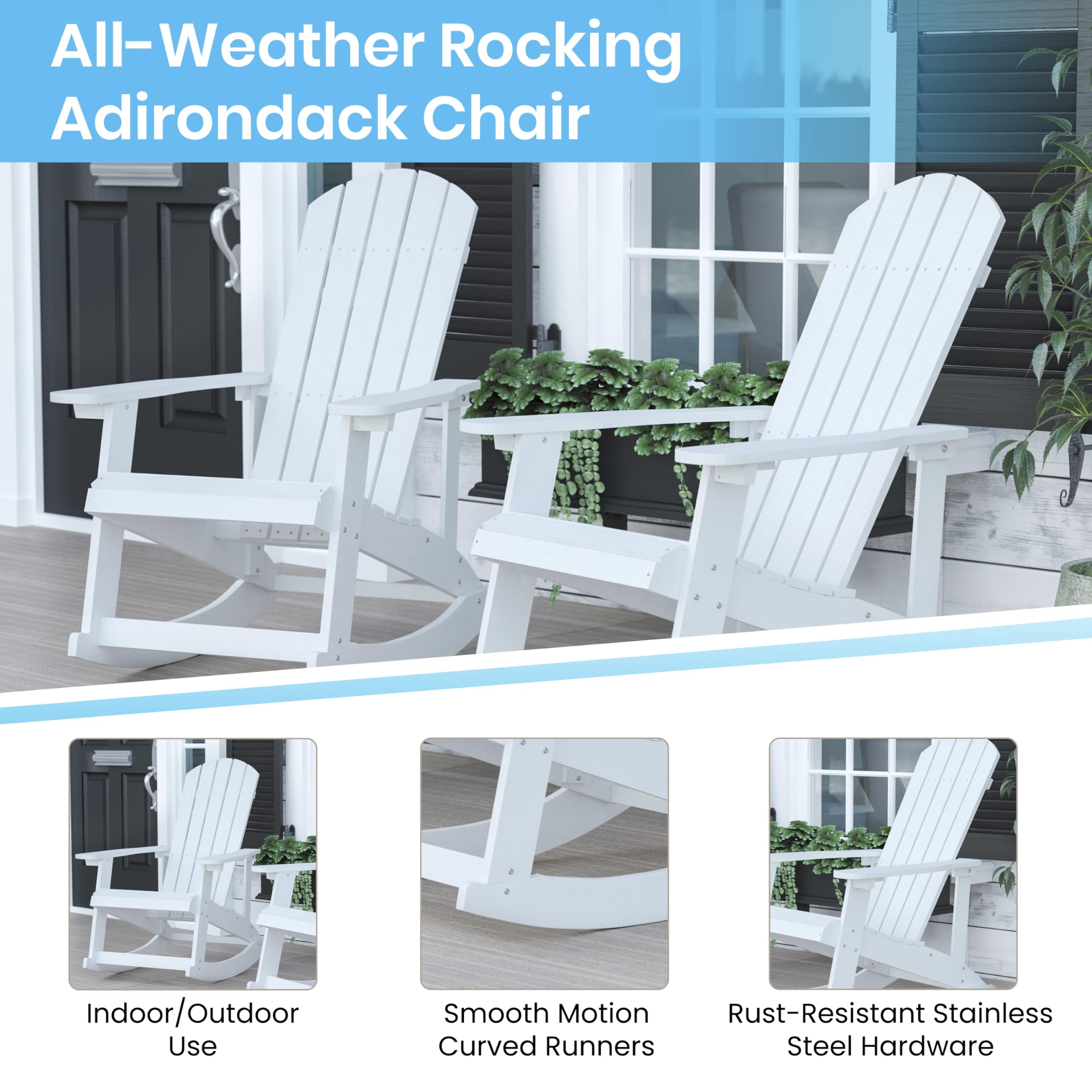 BizChair Poly Resin Wood Adirondack Rocking Chair - All Weather White Polystyrene - Stainless Steel Hardware - Set of 2