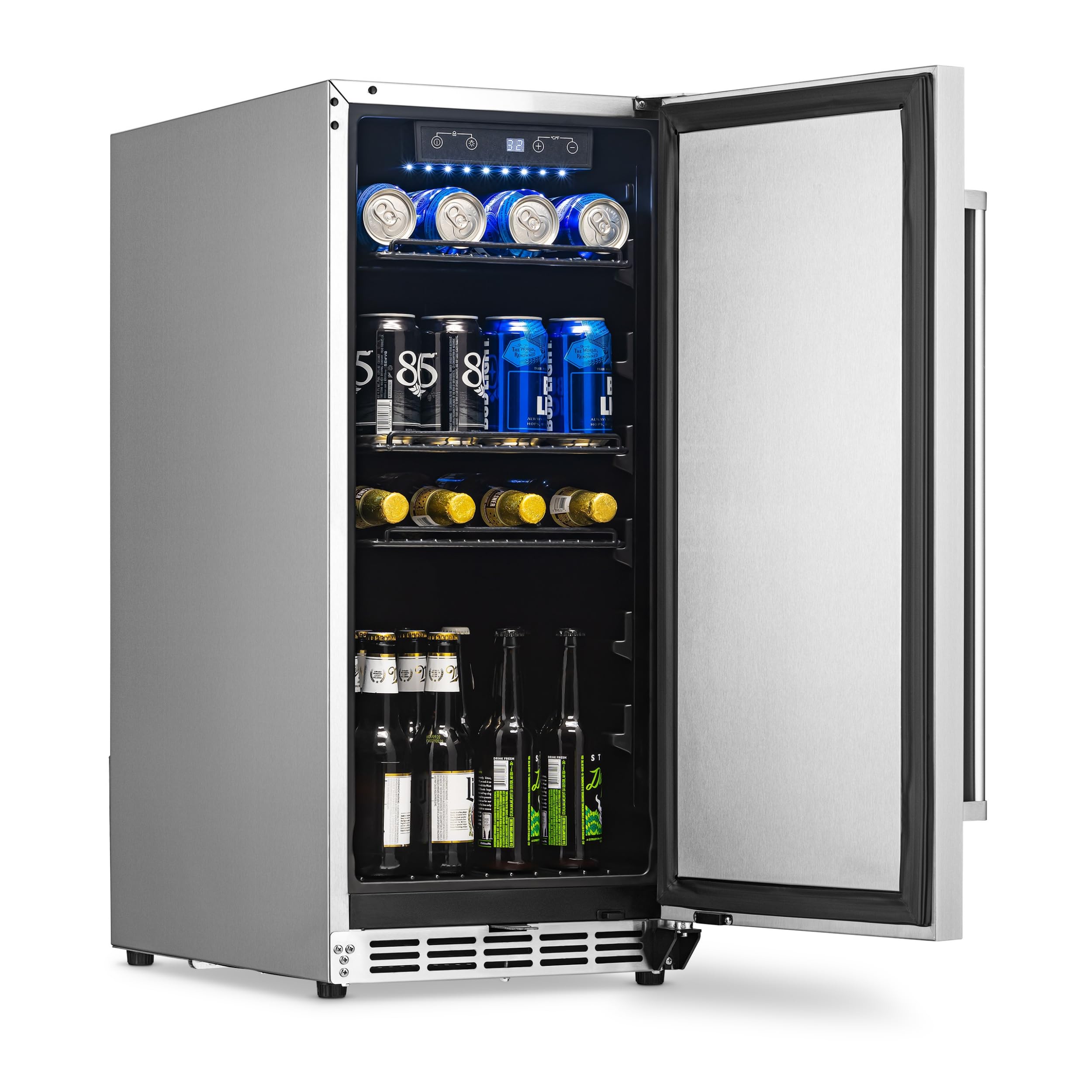 NewAir 15" Commercial Beverage Refrigerator | Weatherproof Stainless Steel Fridge | Built-In or Freestanding Outdoor Patio Fridge For Beer, Wine, Food NCR032SS00