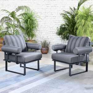 HOOOWOOO Aluminium Outdoor Chairs Set of 2 Patio Club Chairs Armchairs Bistro Set Chairs with Armrest Cushions,Grey Frame Grey Stripes Thick Cushions