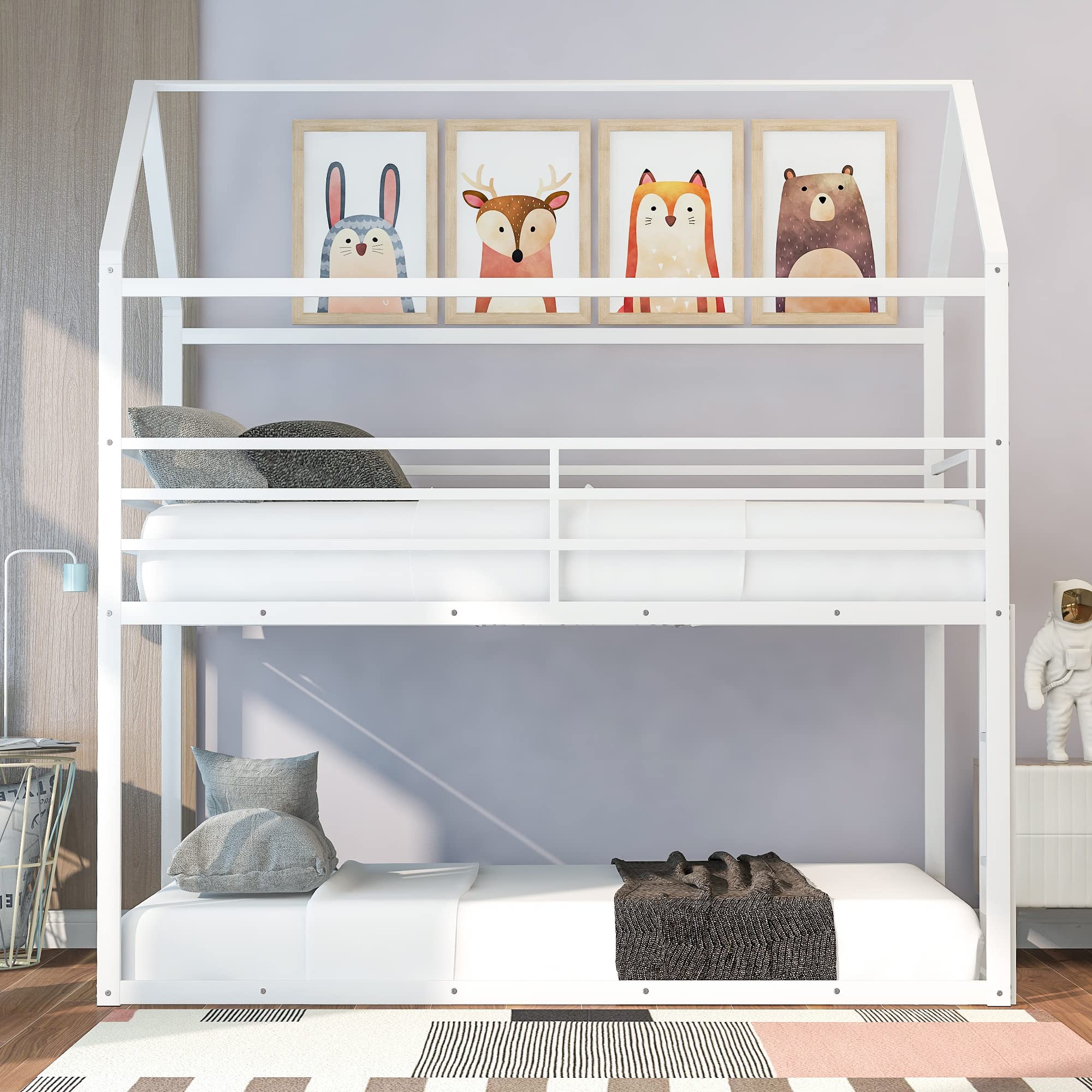 Merax Twin Over Twin House Bunk Bed, Metal Bed Frame Bunk Beds with Roof and Built-in Ladder, No Box Spring Needed, White