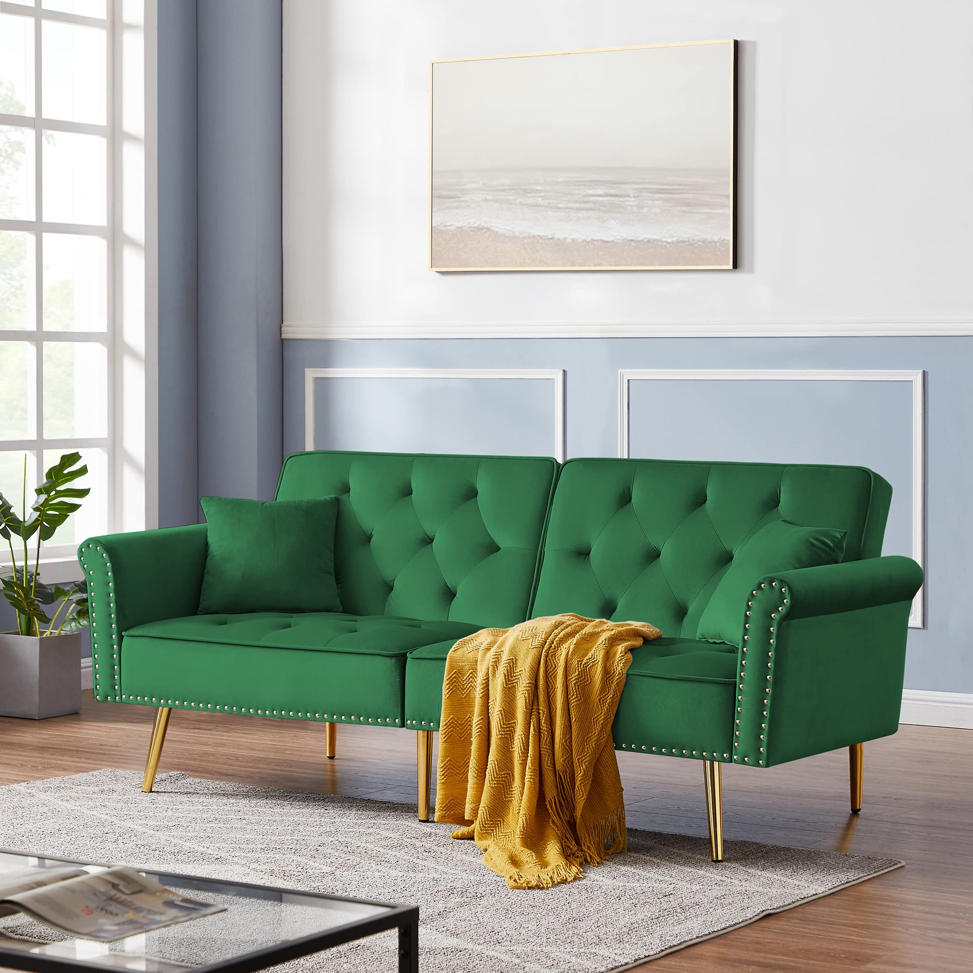 Kakotito Tufted Velvet Sofa Bed Sleeper with 2 Pillows, Luxury Loveseat Couch, Splitback Futon for Living Room & Office, Convertible Futon with Vintage Nailhead Trim and Metal Legs (Green)