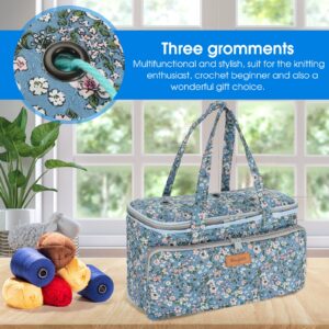 Hanfetch Yarn Bag-Large Size-Yarn Storage Organizer with Grommets-Portable Crochet Bag for Yarn Skeins-Crochet Hooks-Knitting Needles -Other Accessories (Flower-Blue)