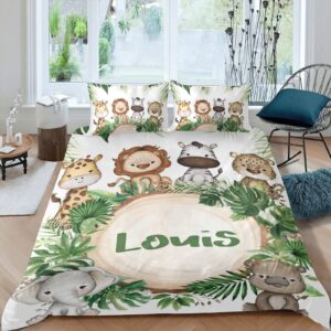 xiucoo personalized adorable jungle safari animals duvet cover sets with name bedding set 3 pcs quilt cover with zipper for adult birthday gift,queen size