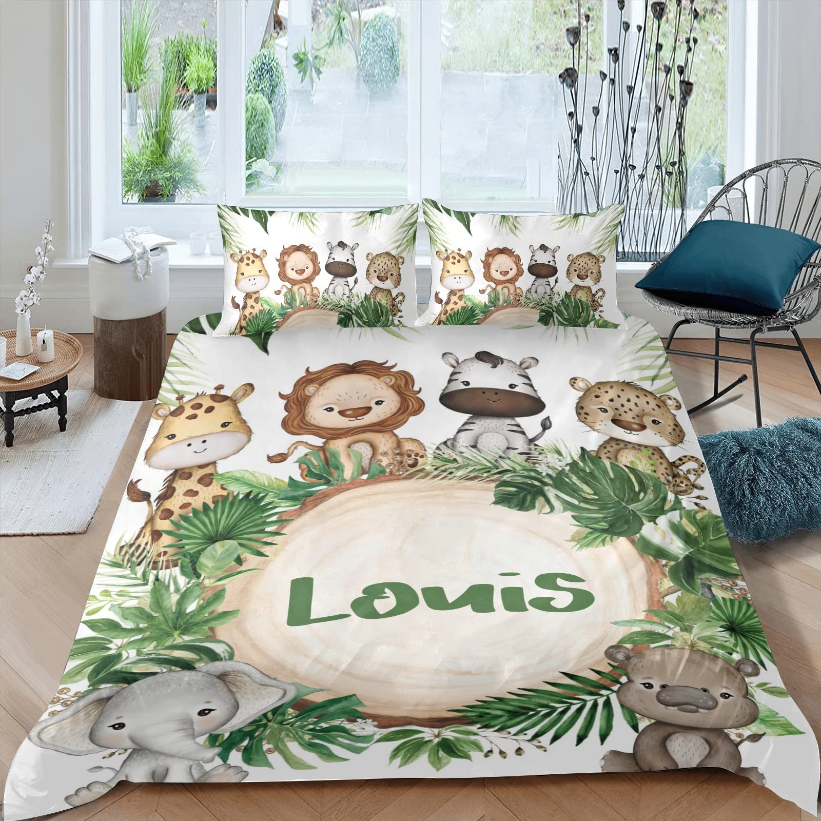 XIUCOO Personalized Adorable Jungle Safari Animals Duvet Cover Sets with Name Bedding Set 3 Pcs Quilt Cover with Zipper for Adult Birthday Gift,Queen Size