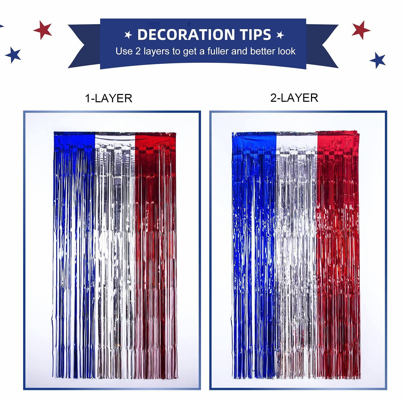 LOLStar 4th of July Decorations,Red White Blue 3 Pack America Tinsel Foil Fringe Curtains,4th of July Photo Booth Prop Streamer Backdrop for Independence Day,Memorial Day,Labor Day Patriotic Party