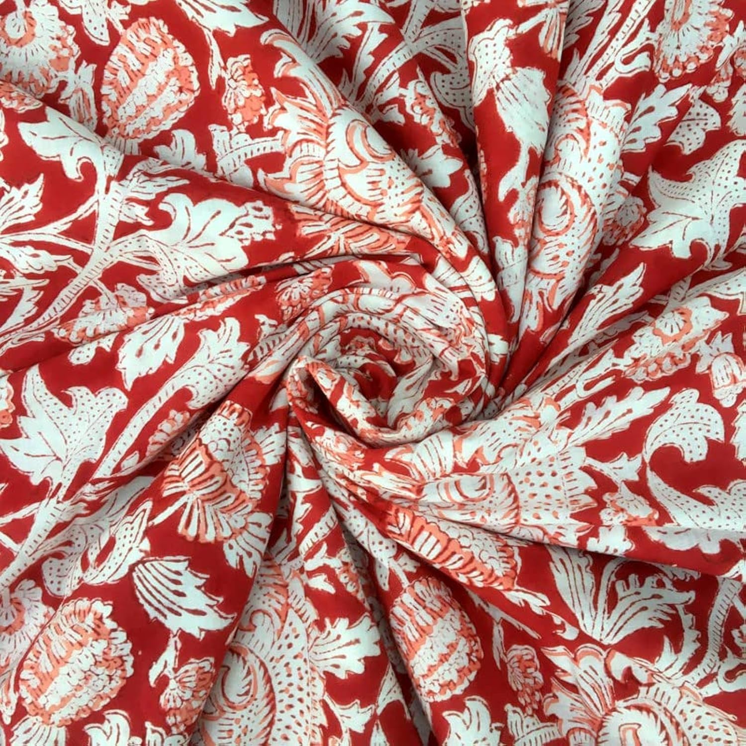 E-Tailor® Cotton Hand Block Printed Fabric, Cotton Voile Fabric for Sewing,Crafting, Dressmaking, Running Natural Dye Sanganeri Indian Floral Print Fabric by The Yard Width 44 Inches-1 Yard-Floral-Red