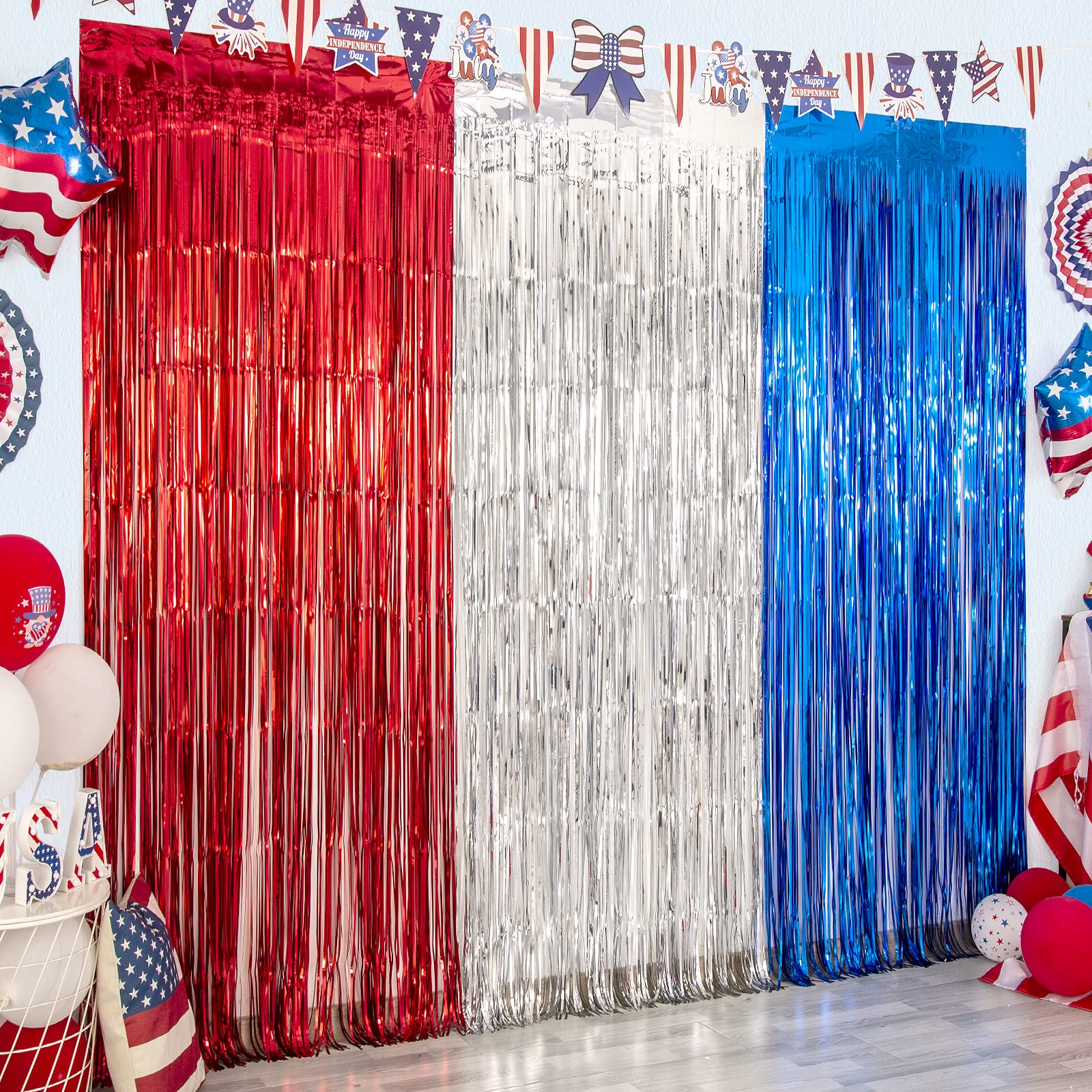 LOLStar 4th of July Decorations,Red White Blue 3 Pack America Tinsel Foil Fringe Curtains,4th of July Photo Booth Prop Streamer Backdrop for Independence Day,Memorial Day,Labor Day Patriotic Party