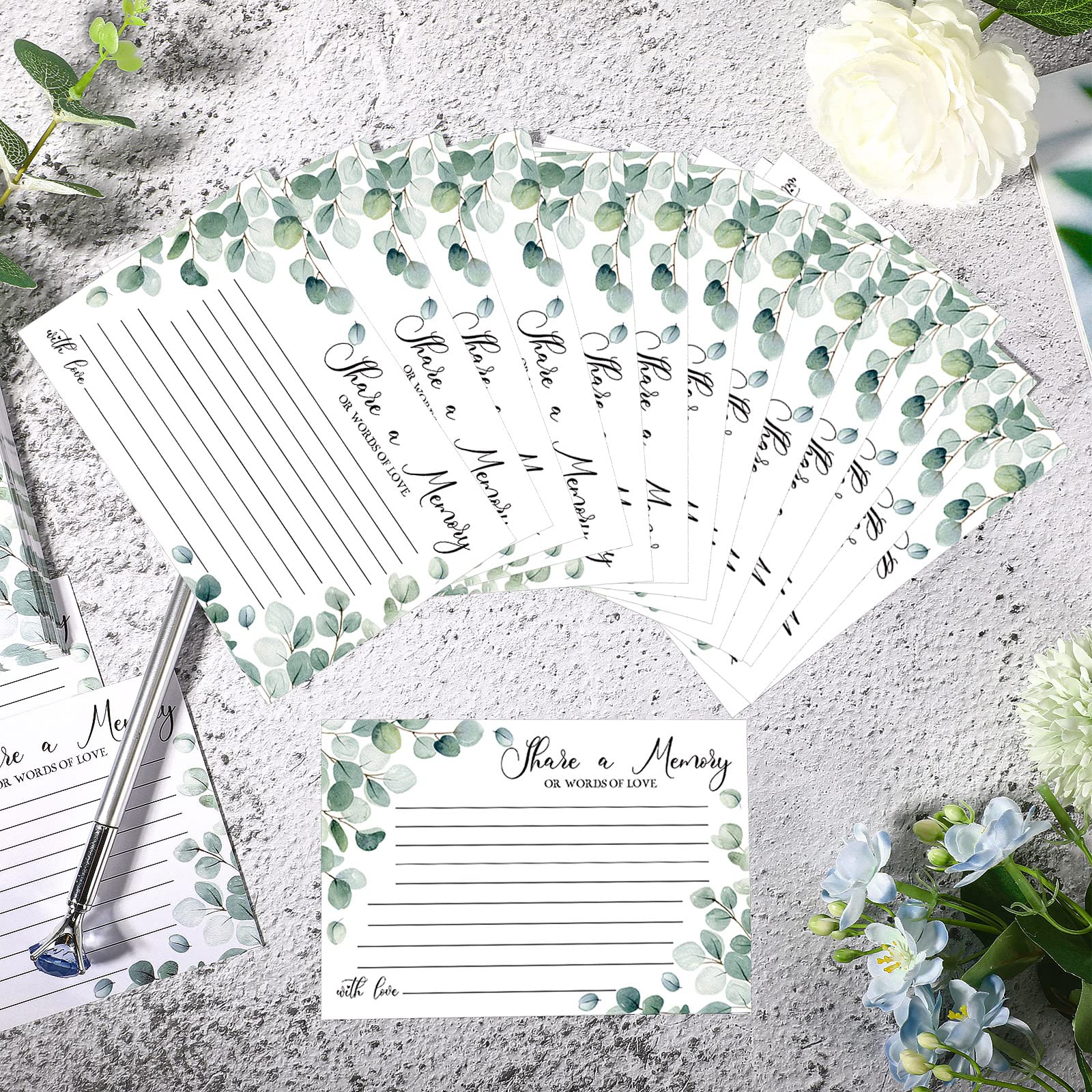 52 Pcs Greenery Eucalyptus Share a Memory Cards and Memory Table Signs Greenery Flower Seating Place Cards Funeral Celebration of Life Guest Book Card for Graduation Wedding, 3 Styles(Leaf Style)