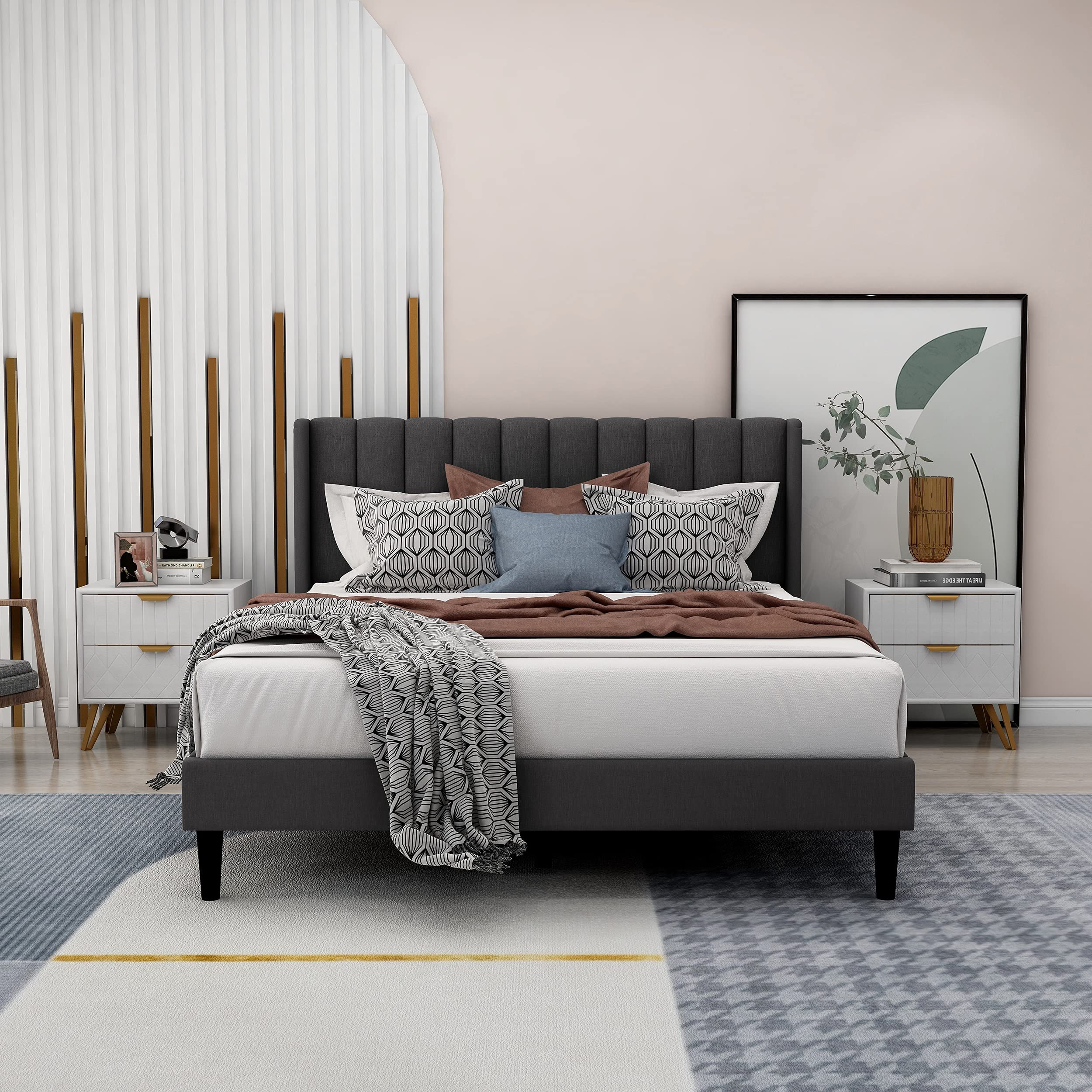 Zavoter Queen Size Bed Frame with Upholstered Wingback Headboard, Easy Assemnly Platform Bed, Wooden Slat Support No Box Spring Needed, Dark Gray