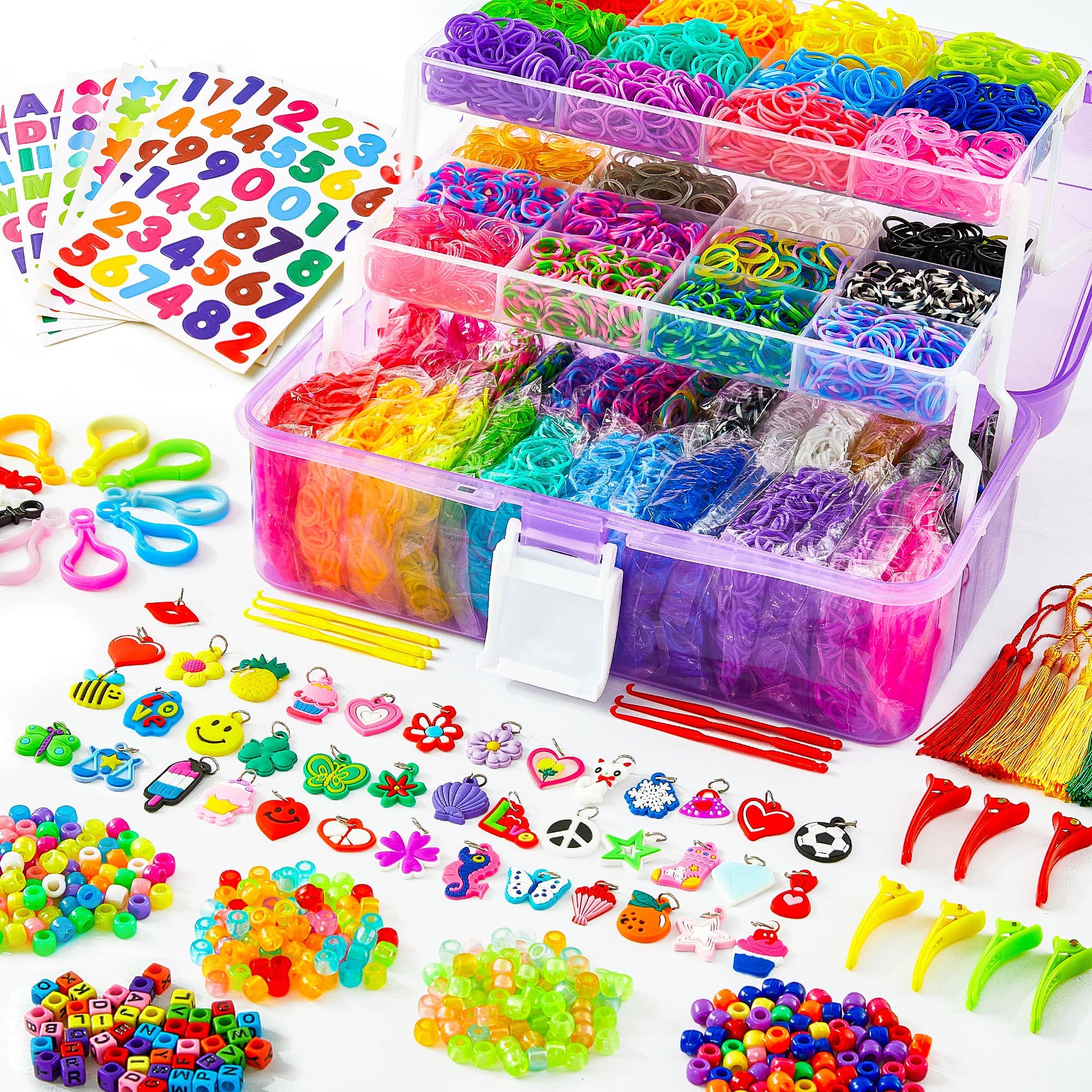 INSCRAFT 17500+ Rubber Loom Bands with 3 Layer Container, 28 Colors, 600 S-Clips, 352 Beads, 40 Cartoon Pendant, Bracelet Making Refill Kit for Kids