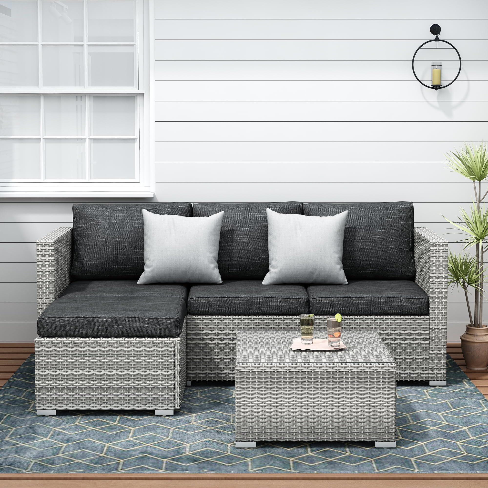 Patio Furniture Sectional Sofa Set – 3 Piece All Weather Resin Wicker Outdoor Conversation Set Black Washable Cushions & Coffee Table | Garden | Backyard | Pool | 2 Clips