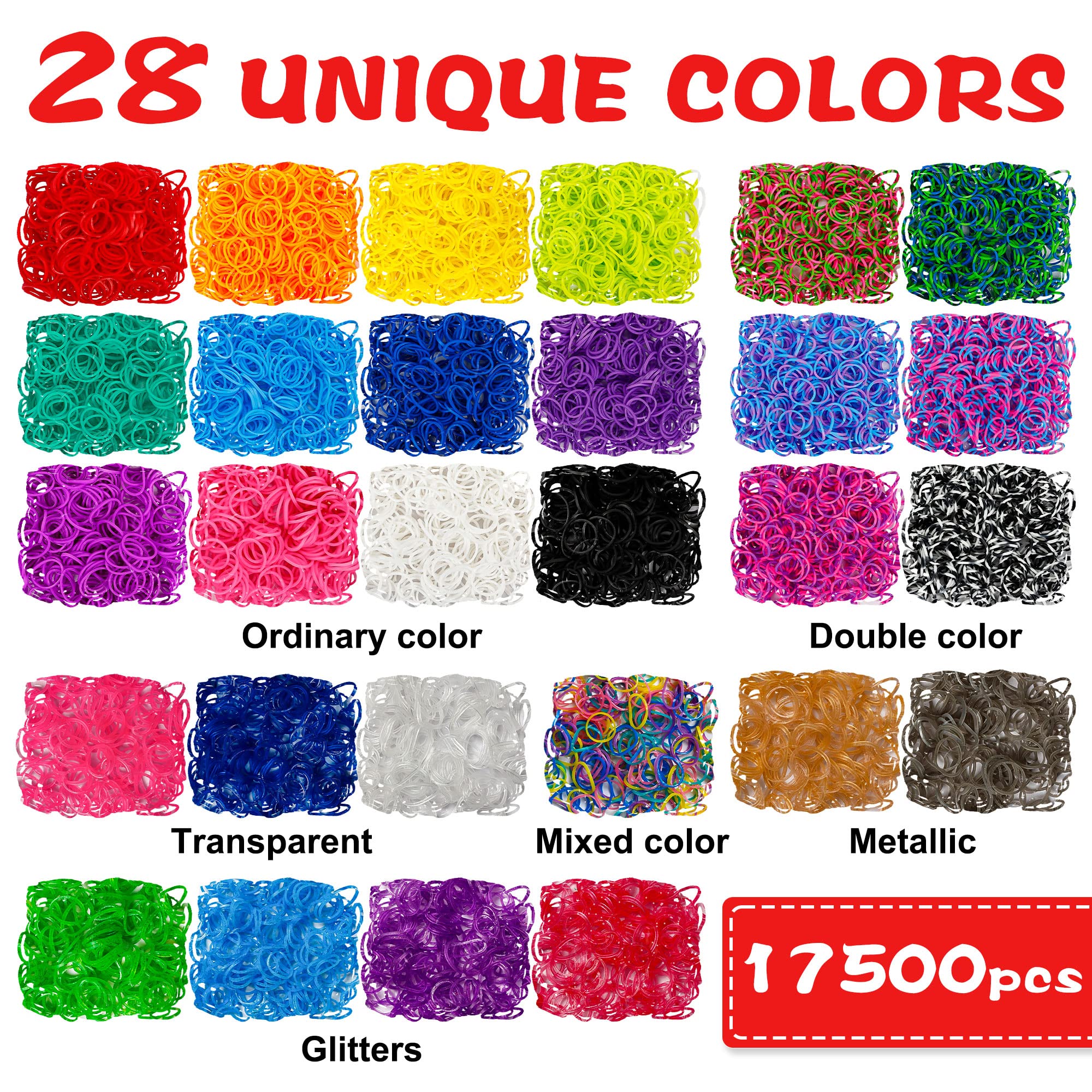 INSCRAFT 17500+ Rubber Loom Bands with 3 Layer Container, 28 Colors, 600 S-Clips, 352 Beads, 40 Cartoon Pendant, Bracelet Making Refill Kit for Kids