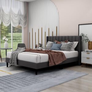 zavoter queen size bed frame with upholstered wingback headboard, easy assemnly platform bed, wooden slat support no box spring needed, dark gray