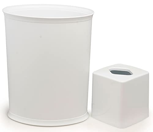 Stephanie Imports Made in USA Set of 2 White Plastic 5-Gallon Waste Basket & Cube Tissue Box Cover