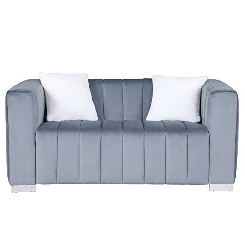 Familymill 63'' Modern Premium Velvet 2-Seater Couch/Loveseat Sofa with Metal Base Legs and 2 Pillows for Living Room/Bedroom, Blue Grey