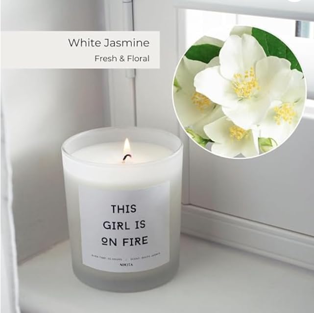 Nikita White Jasmine Scented Candle - Empowering Women Gifts - Frosted Glass Aromatherapy and Recovery Candle - House Warming Gifts for Women - New Job Candle - Essential Oil Positive Vibes Candle