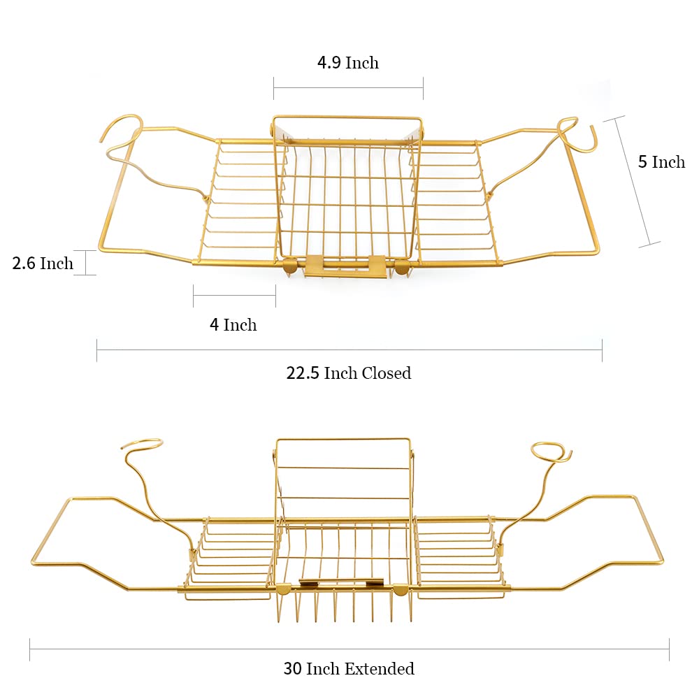 PLKO Bathtub Tray,Stainless Steel Shower Bathtub Caddy Tray with Removable Book Holder Red Wine Rack Holder, for Home Kitchen Bathroom,Gold