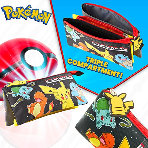 Pokemon Pencil Case for Boys and Girls - Pikachu School Supplies - Triple Compartment Pencil Pouch - Anime Gifts