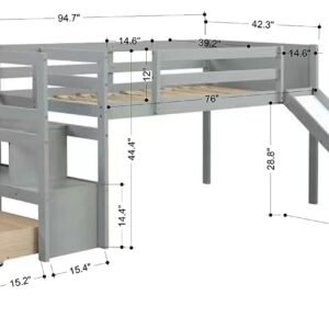 CITYLIGHT Twin Loft Bed with Stairs and Slide,Wood Kids Loft Bed with Storage Drawer and Shelf,Low Junior Loft Bed Frame with Safety Guardrails for Girls, Boys,No Box Spring Needed,Grey