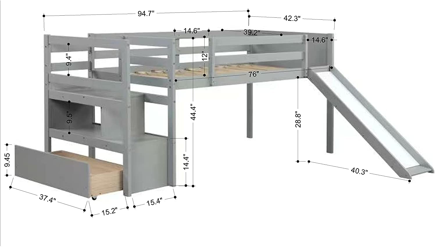 CITYLIGHT Twin Loft Bed with Stairs and Slide,Wood Kids Loft Bed with Storage Drawer and Shelf,Low Junior Loft Bed Frame with Safety Guardrails for Girls, Boys,No Box Spring Needed,Grey