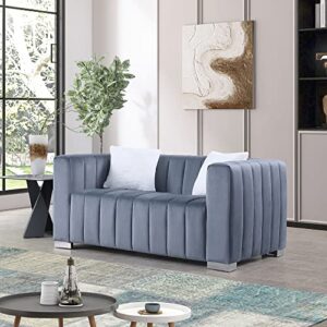 Familymill 63'' Modern Premium Velvet 2-Seater Couch/Loveseat Sofa with Metal Base Legs and 2 Pillows for Living Room/Bedroom, Blue Grey