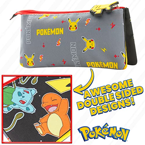 Pokemon Pencil Case for Boys and Girls - Pikachu School Supplies - Triple Compartment Pencil Pouch - Anime Gifts