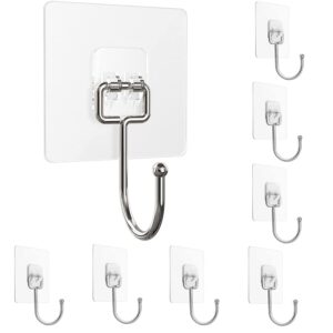 large adhesive hooks 22ib(max),waterproof and rustproof wall hooks for hanging heavy duty,stainless steel towel and coats hooks to use inside kitchen bathroom home and office 8 pack (transparent)