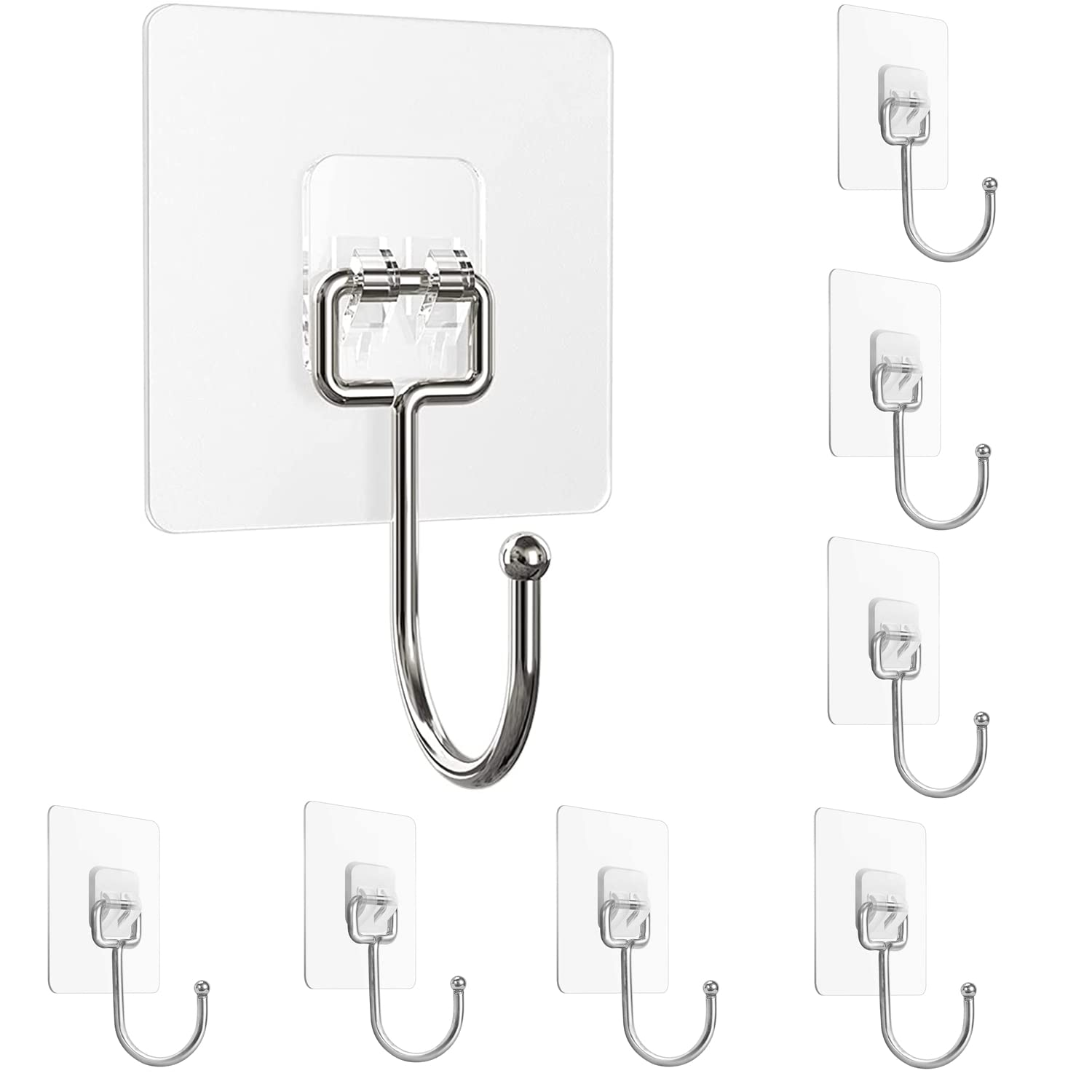 Large Adhesive Hooks 22Ib(Max),Waterproof and Rustproof Wall Hooks for Hanging Heavy Duty,Stainless Steel Towel and Coats Hooks to use Inside Kitchen Bathroom Home and Office 8 Pack (Transparent)