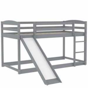 Low Bunk Beds Twin Over Twin Bunk Bed with Slide Wood Bed Frame for 2 Kids Boys Girls Teens, White