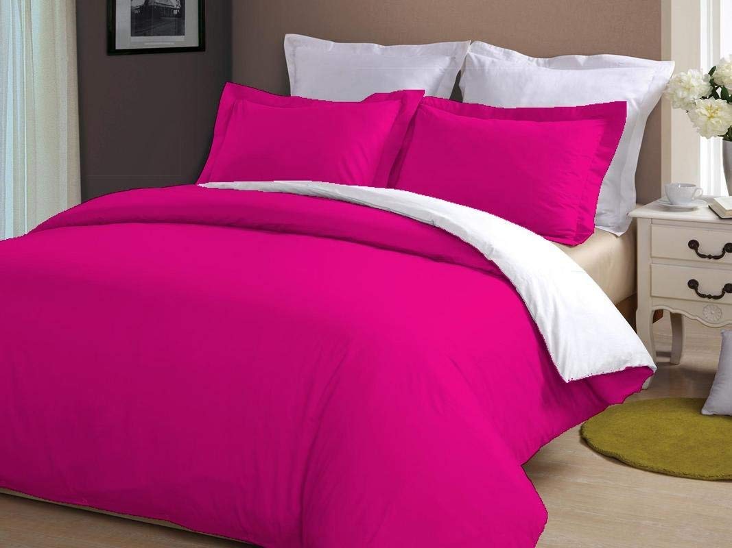 Good Night Bedding Pure Cotton 800 Thread Count Reversible Duvet Set Full/Queen Size (Hot Pink/White) 1 Reversible Zipper Closure Duvet Cover and 2 Pillowcase Solid Colors