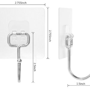 Large Adhesive Hooks 22Ib(Max),Waterproof and Rustproof Wall Hooks for Hanging Heavy Duty,Stainless Steel Towel and Coats Hooks to use Inside Kitchen Bathroom Home and Office 8 Pack (Transparent)