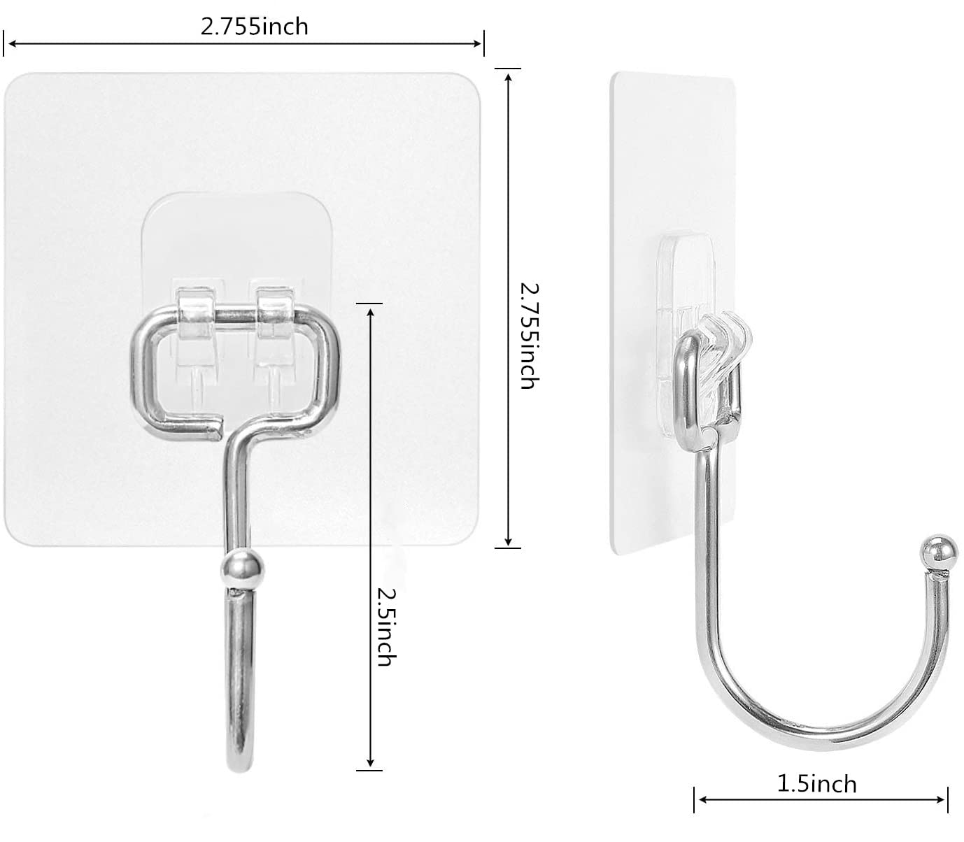 Large Adhesive Hooks 22Ib(Max),Waterproof and Rustproof Wall Hooks for Hanging Heavy Duty,Stainless Steel Towel and Coats Hooks to use Inside Kitchen Bathroom Home and Office 8 Pack (Transparent)