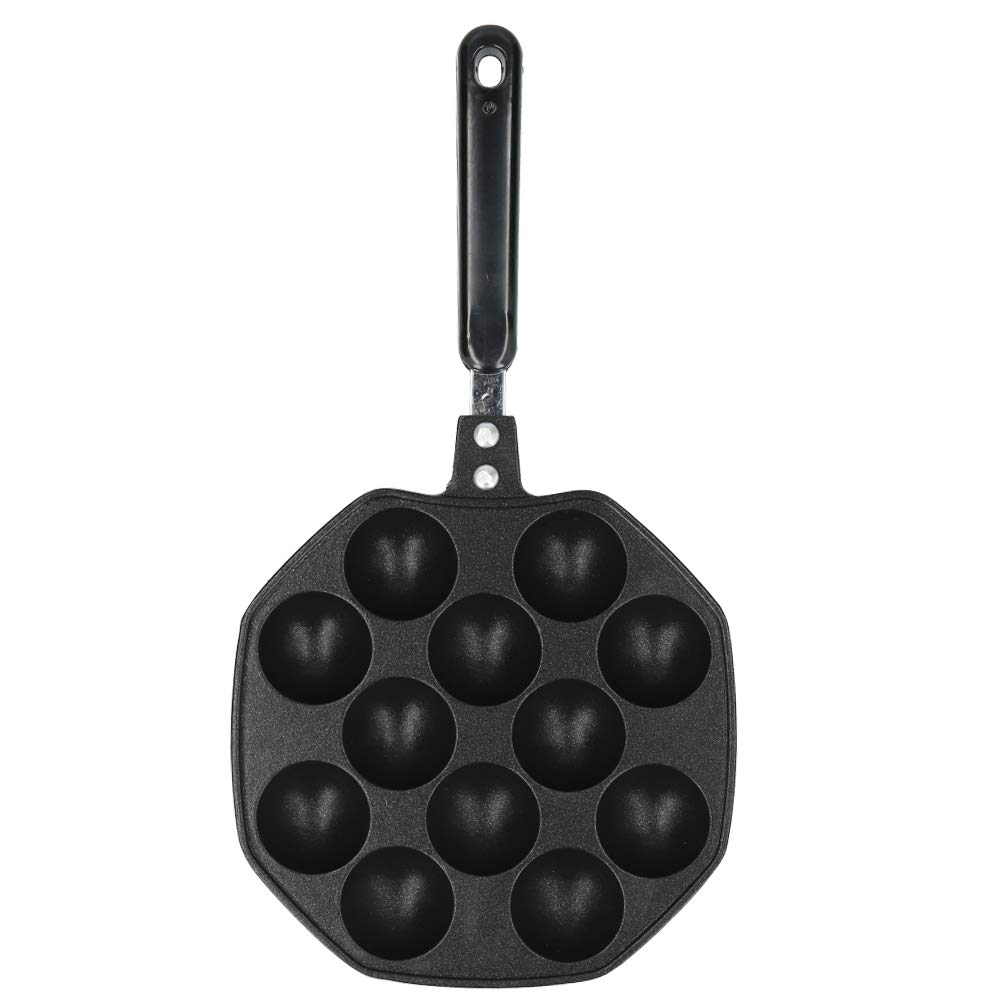 Joyzan Takoyaki Pan, 12 Hole Grill Cast Iron Maker Nonstick Aluminum Heavy Duty Cooking Octopus Meat Ball Plate Preseasoned Cookware Half Sphere Griddle with Handle Pancake Puff Home Electric Stovetop