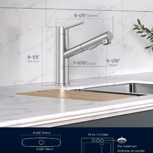 DAYONE Modern Bar Kitchen Faucet with Pull-out Sprayer Brushed Nickel, RV Single Handle Kitchen Sink Faucets Low Arc Stainless Steel, with Deck Plate for 1 3 Holes Sink Install 2 Modes and 360° Swivel