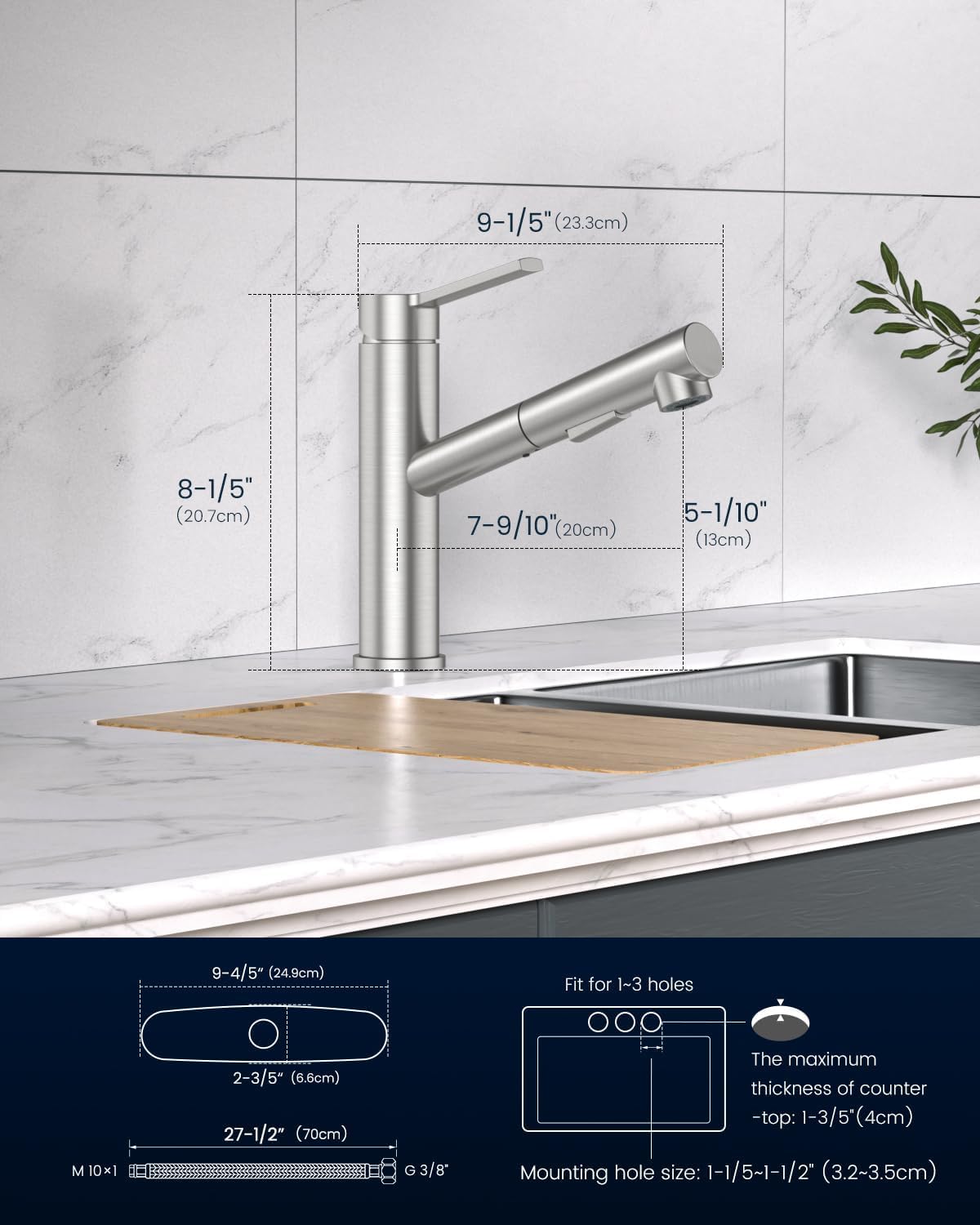 DAYONE Modern Bar Kitchen Faucet with Pull-out Sprayer Brushed Nickel, RV Single Handle Kitchen Sink Faucets Low Arc Stainless Steel, with Deck Plate for 1 3 Holes Sink Install 2 Modes and 360° Swivel