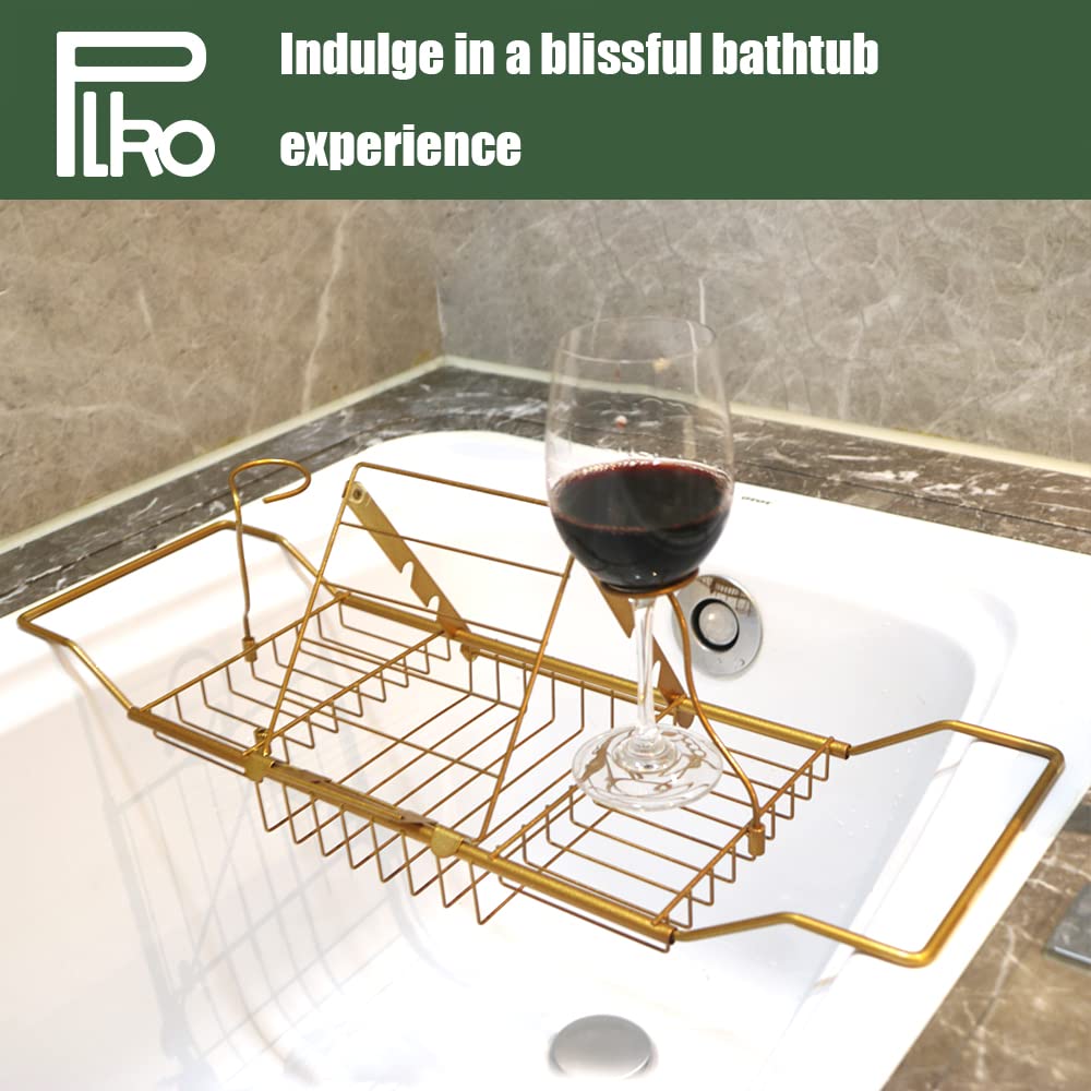 PLKO Bathtub Tray,Stainless Steel Shower Bathtub Caddy Tray with Removable Book Holder Red Wine Rack Holder, for Home Kitchen Bathroom,Gold