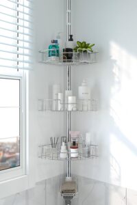 shower caddy corner tension pole,stainless steel adjustable floor to ceiling corner shower caddy stand for bath inside shower organizer storage with tension pole,rust-resistant, 54 to 125 inch