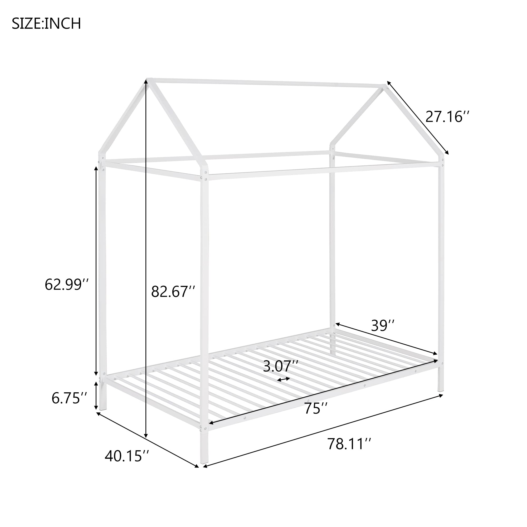 CITYLIGHT House Twin Bed for Kids, Metal Twin Platform Bed with Roof, Montessori Bed, Floor Bed for Kids Boys Girls,No Box Spring Needed(Twin, White)