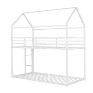 Harper & Bright Designs Twin Over Twin House Bunk Bed, Metal Floor Bunk Bed Frame for Kids, Built-in Ladder, No Box Spring Needed - White