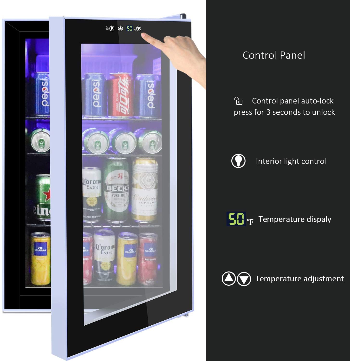 WATOOR 85 Cans Wine Cooler and Beverage Refrigerator with Glass Door Removable Wire Shelves 40°F - 61°F 2.7 Cu Ft