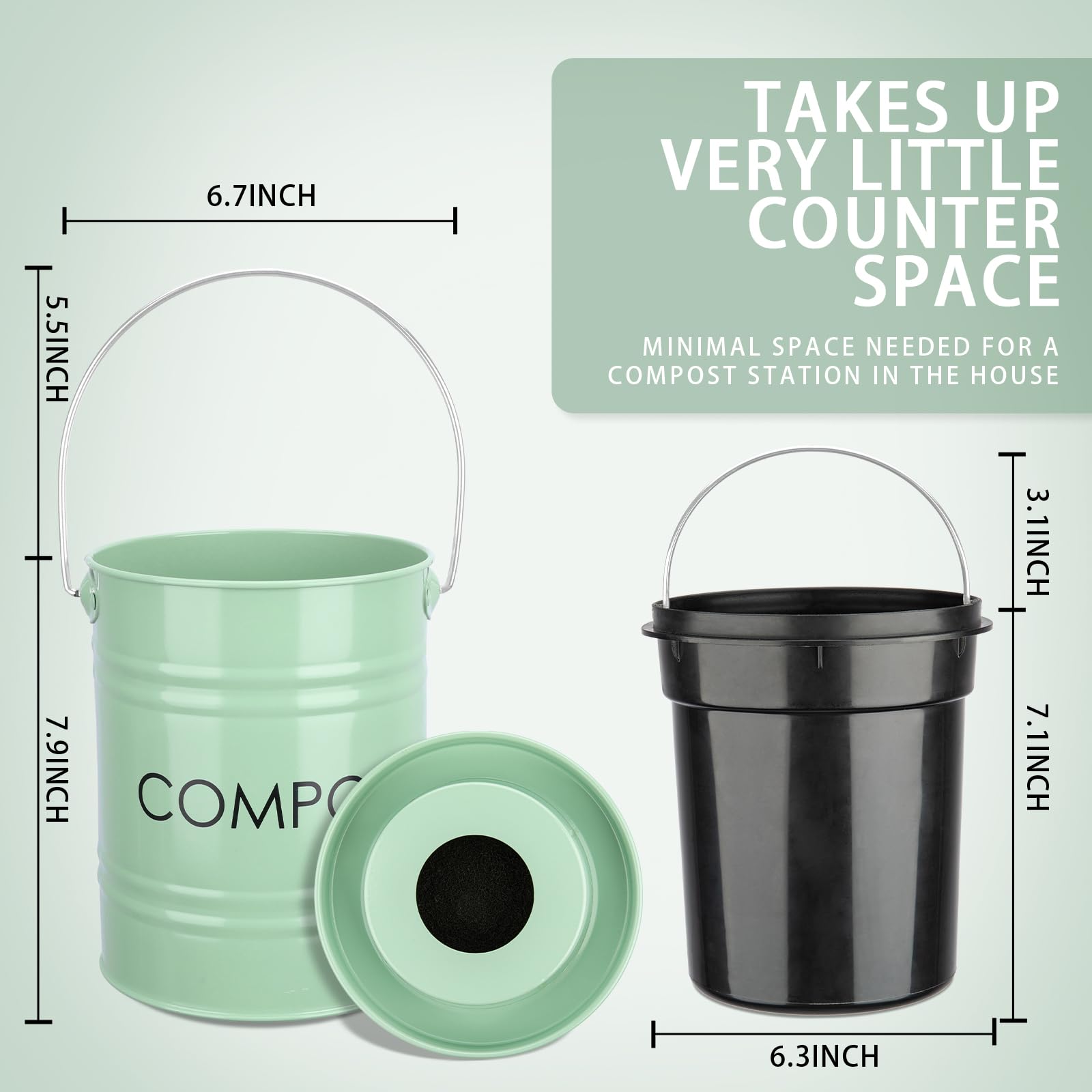 Vipush Kitchen Countertop Compost Bin with lid – Small, Includes Inner Compost Bucket Liner & Charcoal Filter, Green