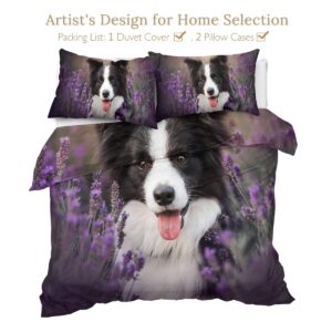 Sleepwish Border Collie Duvet Covers - Black and White Dog Queen Bedding Set 3 Pieces Lavender Floral Comforter or Quilt Cover, 1 Cute Pet Duvet Cover and 2 Pillow Cases Queen Size